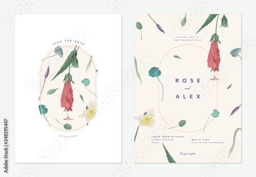 Vintage floral wedding invitation card template design, red sleeping hibiscus flowers and various plants on bright brown