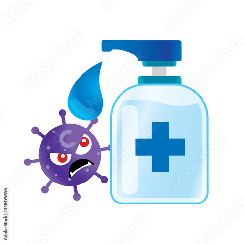 Fight the Coronavirus Covid-19. Cartoon coronavirus character is afraid of sanitizer. Use sanitizer to wash your hand to protect against virus - vector 
