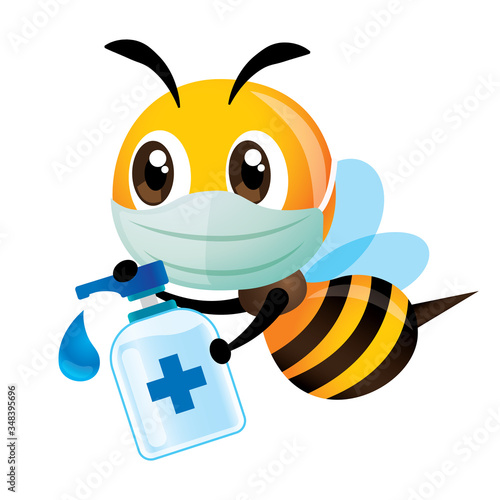 Stay healthy. Cartoon cute bee wearing protective mask is educating people to use sanitizer to clean thier hands to protect against virus or coronavirus - vector character