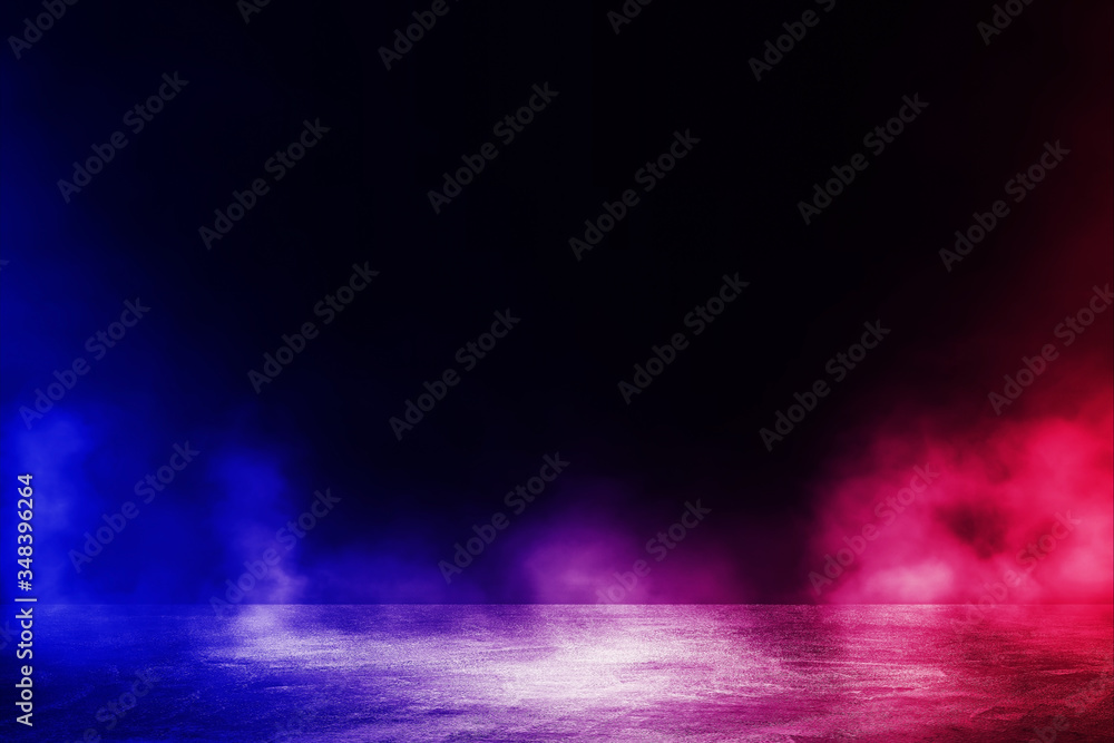 Abstract image of Studio dark room with lighting effect red and blue concrete floor gradient background for interior decoration.