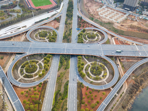 Transport junction traffic road with vehicle movement aerial view by drone