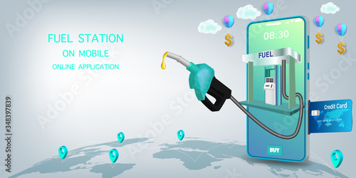 Fuel Stattion Online on Website or Mobile Application Vector Concep Fuel on mobile, Online Application full service concept.