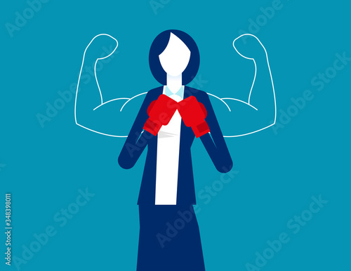 Businessmwoan with boxing gloves ready for fight. Battle concept