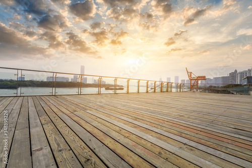 Canvas Print Empty plank square and city skyline with buildings in shanghai at sunset,China