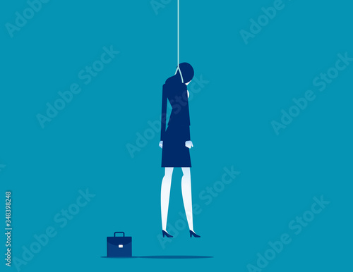 Strangled businessman hanged at rope. Depression concept.
