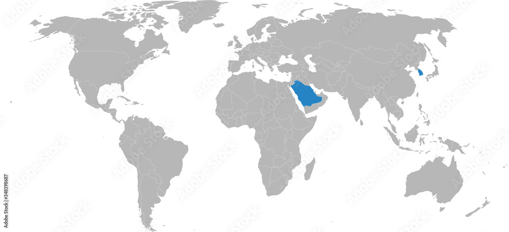 South korea, Saudi arabia countries isolated on world map. Light gray background. Business concepts, diplomatic, trade and transport relations.