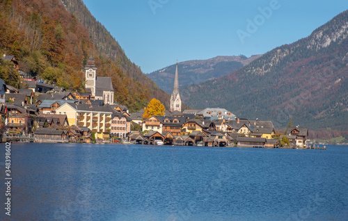 Famous Hallstatt Village In Austria. Hallstatt Is A Village On Lake Hallstatt's Western Shore In Austria's Mountainous Salzkammergut Region