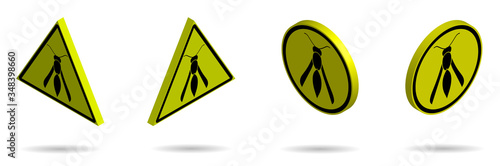 Set of isometric yellow black danger signs, attention. The attack of poisonous insects. Isolated vector