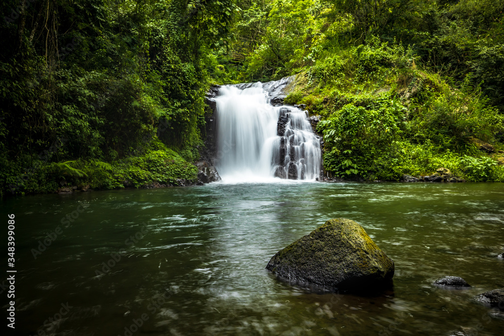 Fototapeta premium Waterfall landscape. Beautiful hidden Canging waterfall in tropical jungle in Sambangan, Bali. Slow shutter speed, motion photography.