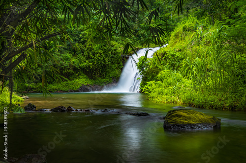 Waterfall landscape. Beautiful hidden Canging waterfall in tropical jungle in Sambangan, Bali. Slow shutter speed, motion photography.