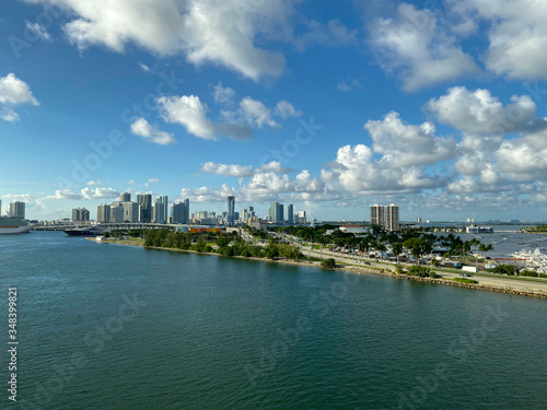 Marine landscape. Panoramic view of Miami. Beautiful view from afar in Miami. Horizontal area, cropped shot. Travel and tourism concept. © Nataliia