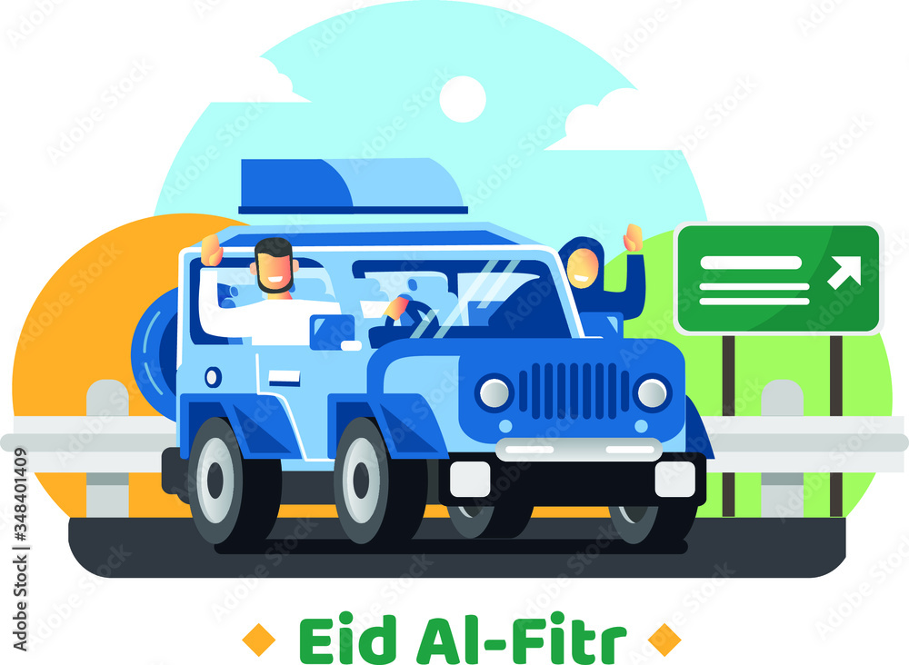 illustration vector graphic for family who come to village perfect for Eid Mubarak season greeting 