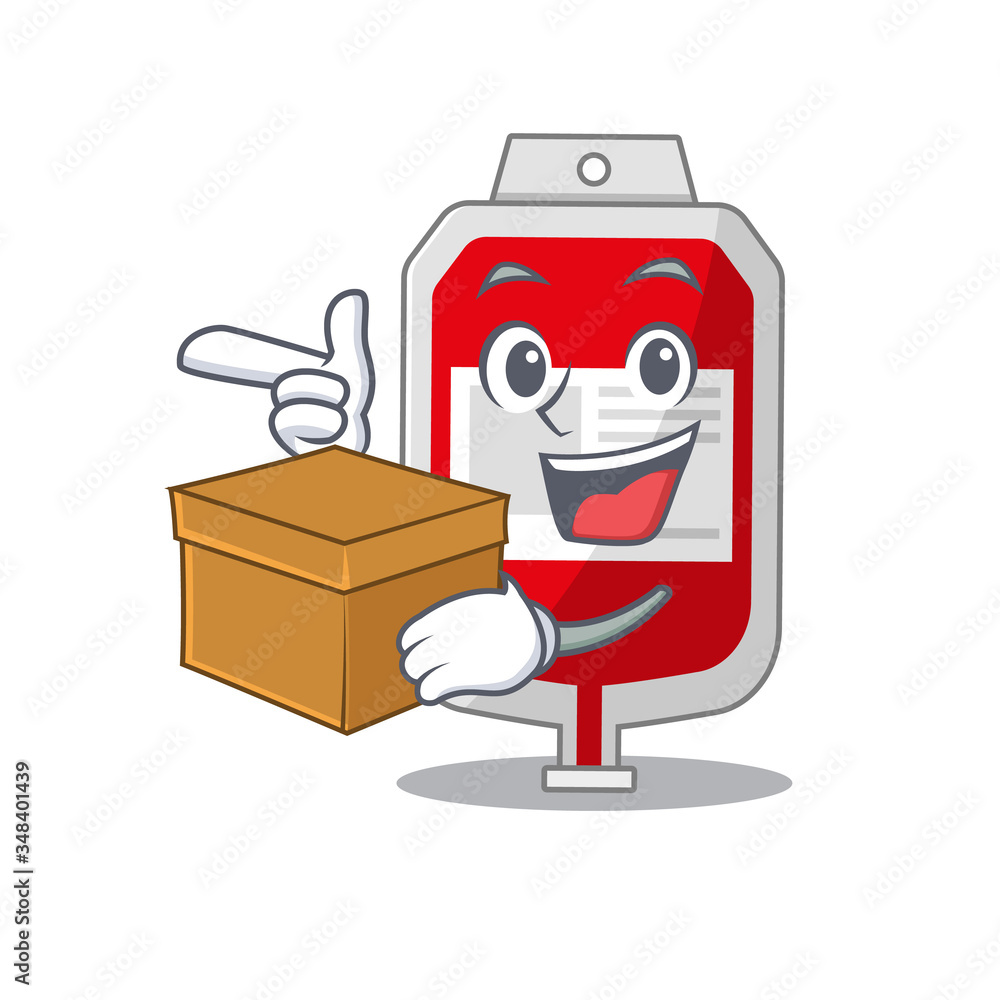 Fototapeta premium A cheerful blood plastic bag cartoon design concept having a box
