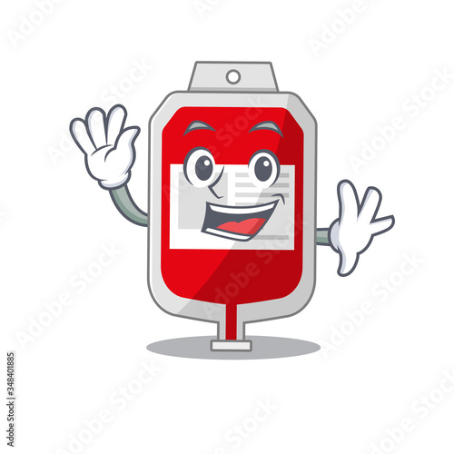 A charming blood plastic bag mascot design style smiling and waving hand