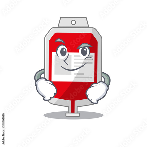 A cute arrogant caricature design of blood plastic bag having confident gesture