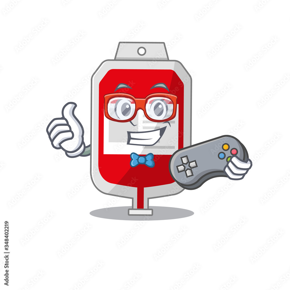 Mascot design style of blood plastic bag gamer playing with controller