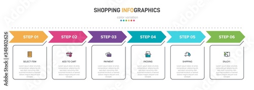 Concept of shopping process with 6 successive steps. Six colorful graphic elements. Timeline design for brochure, presentation, web site. Infographic design layout.