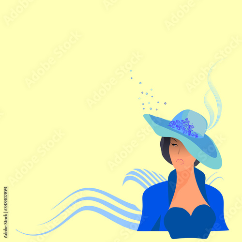 A girl in an elegant blue suit. a woman in a feathered hat. empty space..vector illustration on a white . a slender lady from high society. logo for a beauty salon. ads for stylish classic clothing