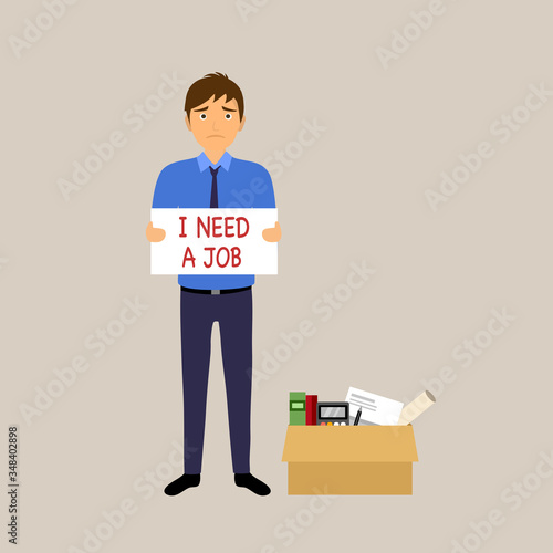 A company staff holding white poster with text- I need a job. Unemployment concept vector illustration. Financial and economic crisis. Covid-19 coronavirus impact on unemployment rate.