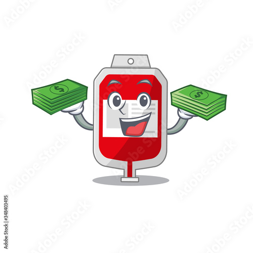 A wealthy blood plastic bag cartoon character with much money