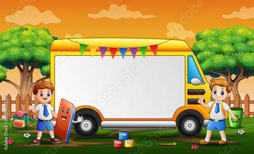 Border template design with happy school kids