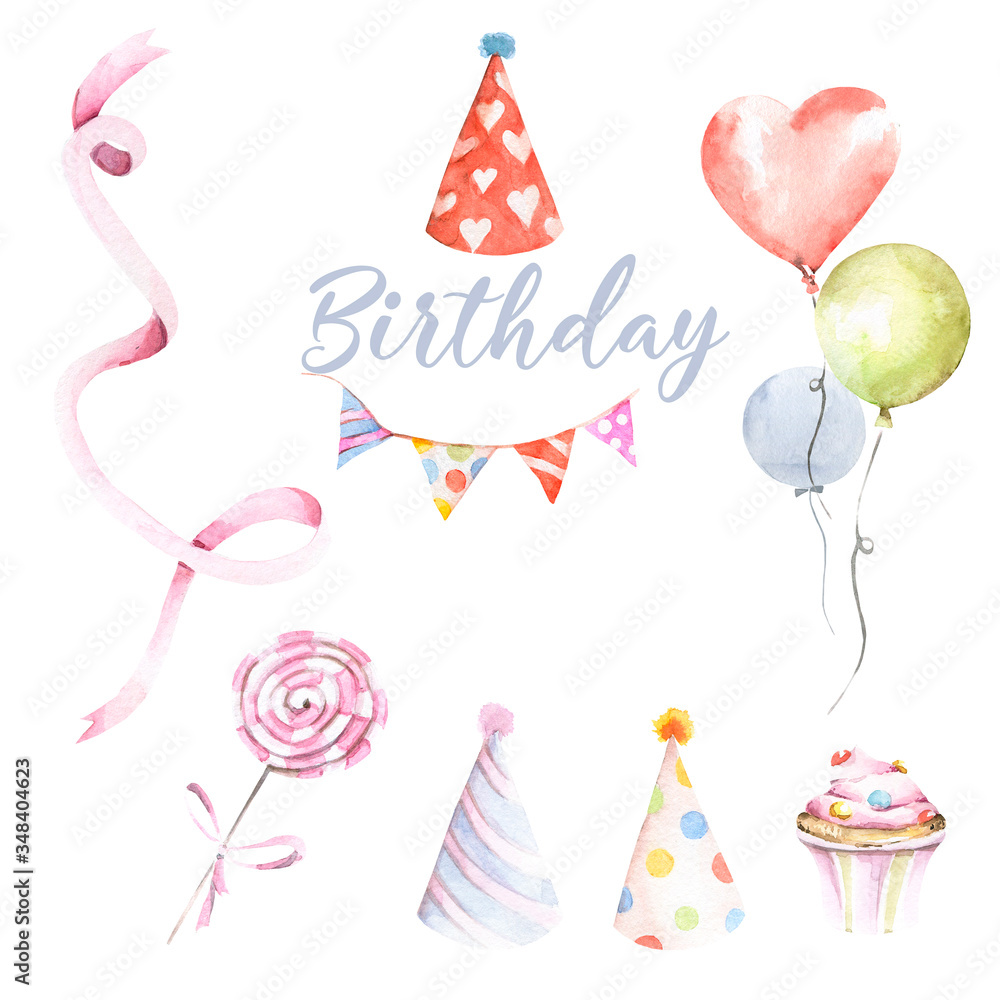Hand drawing watercolor summer illustration - balloons, ribbon, garland and sweets, muffin, lillipop, candy. Perfect for scrapbooking, cards for birthday, party, baby shower. Hand drawing watercolor summer illustration - balloons, ribbon, garland and sweets, muffin, lillipop, candy. Perfect for scrapbooking, cards for birthday, party, baby shower.