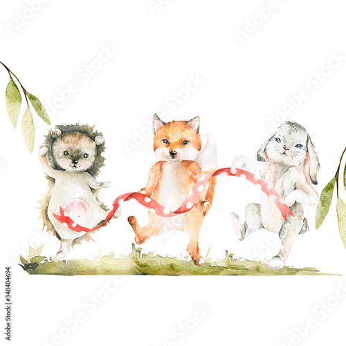Fototapeta Naklejka Na Ścianę i Meble -  Hand drawing watercolor setn - cute dancing hedgehog, fox, bunny with green leaves, grass, ribbon. Perfect for scrapbooking, cards for birthday, party, baby shower.