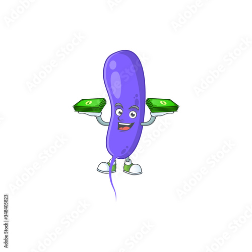A cheerful cholerae cartoon mascot design having some money on hands