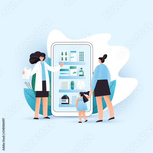 Vector flat online pharmacy illustration with Woman and a Child consultating online with pharmacist and choosing correct treatment in online drugstore, pharmaceutical company