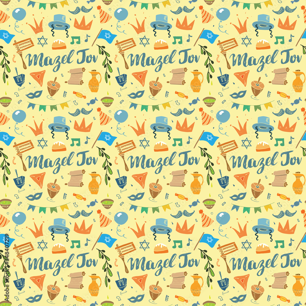 Mazel tov seamless pattern, Jewish holiday hand drawn items, vector illustration Mazel tov seamless pattern, Jewish holiday hand drawn items, vector illustration