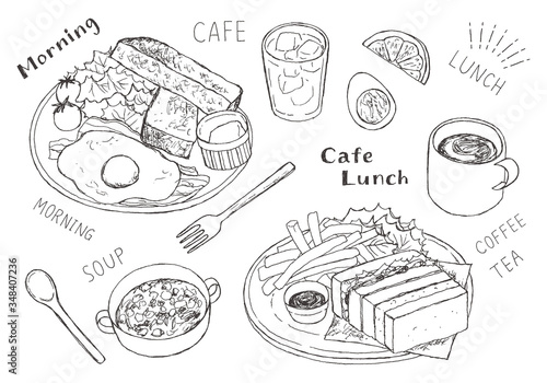 ラフな手描きカフェごはんのイラストセット