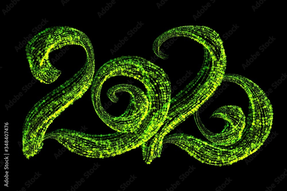 Happy new year 2020 isolated numbers lettering written by green particles confetti. Isolate on black background Happy new year 2020 isolated numbers lettering written by green particles confetti. Isolate on black background