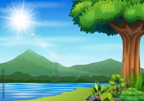 Nature landscape with a river and mountain background