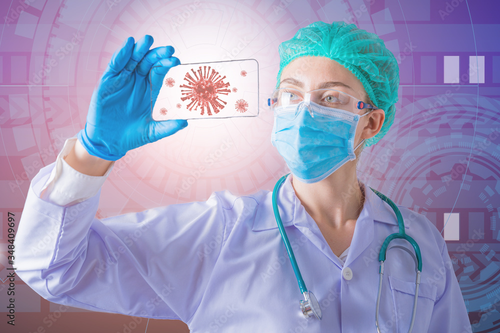 Confident Young female doctor looking and investigate Coronavirus on tempered glass technology in the laboratory coronavirus test room with technology background concept Confident Young female doctor looking and investigate Coronavirus on tempered glass technology in the laboratory coronavirus test room with technology background concept