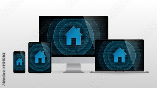 Computer devices with intelligent house icon. Realistic set monitors desktop laptop tablet and phone with Home icon in screen and light gradient background.