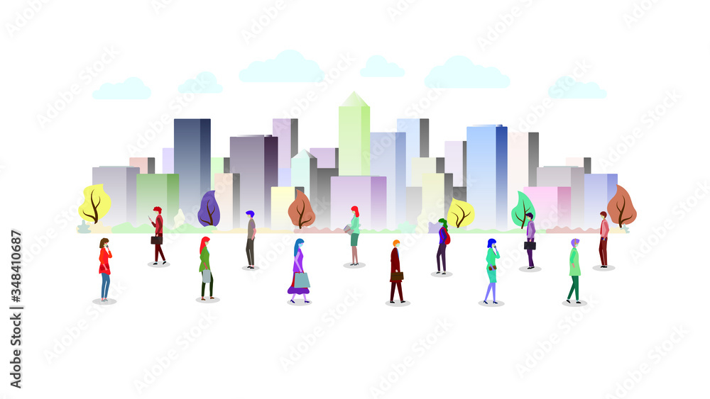 People keep distance from each other and wearing face mask prevention from disease outbreak vector illustration. Concept of new normal after COVID-19 pandemic. Isolated, white background.