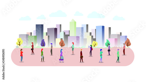 People keep distance from each other and wearing face mask prevention from disease outbreak vector illustration. Concept of new normal after COVID-19 pandemic. Isolated, white background.