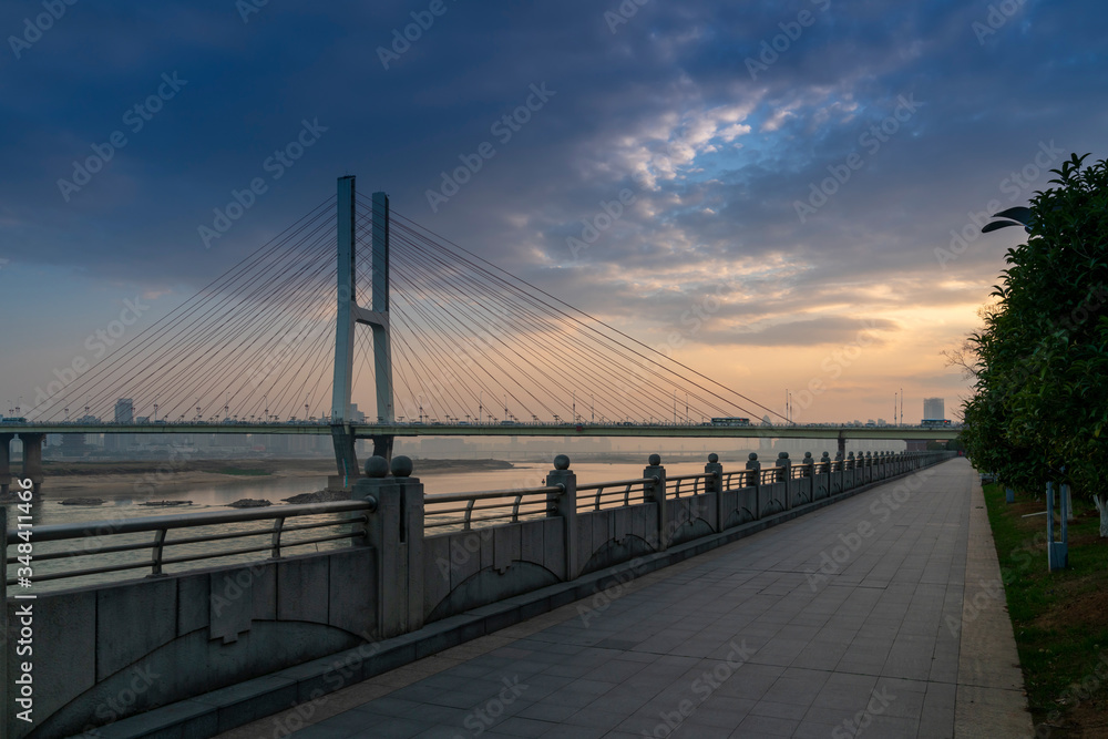 Cable stayed bridge at sunset