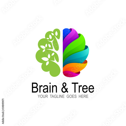 Brain tree illustration with typography, Brain with tree logo design template