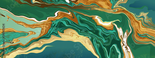 Fototapeta Naklejka Na Ścianę i Meble -  Green emerald marble and gold abstract background texture. jade and Turquoise marbling with natural luxury style swirls of marble and gold powder. 
21:9 Wallpaper design vector.