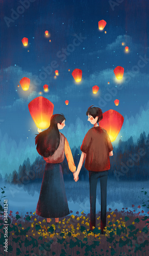 A couple of couples praying for the blessings with a Kongming lantern at night on the outskirts. Hand drawn illustration