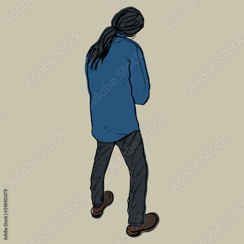 Standing young man with pony tail in casual clothes from back. Hand drawn colorful rough sketch. Isolated vector illustration. 