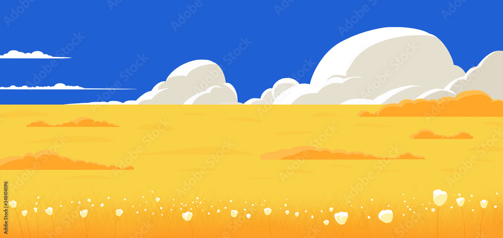 Autumn golden fields. Illustration scene with white flowers