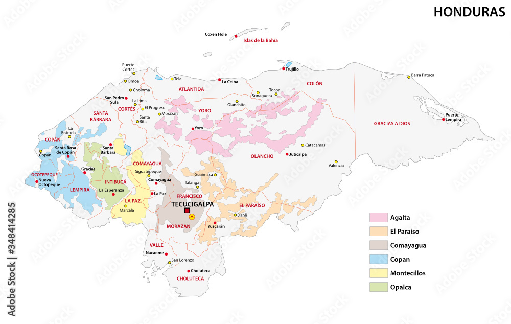 Map of the coffee growing regions of Honduras Map of the coffee growing regions of Honduras