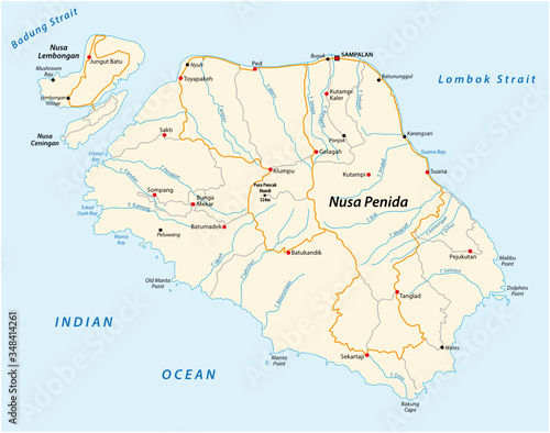 Vector map of the Indonesian island of Nusa Penida located east of Bali photo