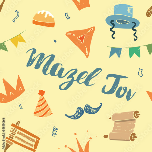 Mazel tov seamless pattern, Jewish holiday hand drawn items, vector illustration