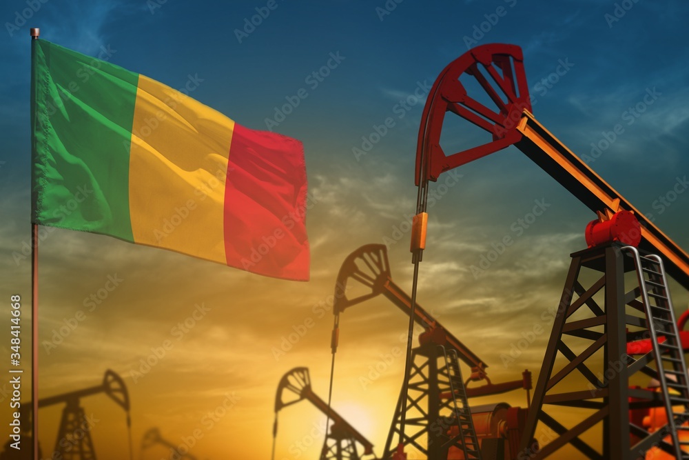 Mali oil industry concept. Industrial illustration - Mali flag and oil wells against the blue and yellow sunset sky background - 3D illustration