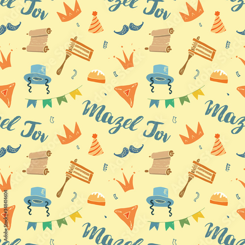 Mazel tov seamless pattern, Jewish holiday hand drawn items, vector illustration