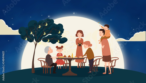 On the night of the Mid-Autumn Festival, the family reunited to admire the moon and eat moon cakes. Chinese Mid-Autumn Festival illustration