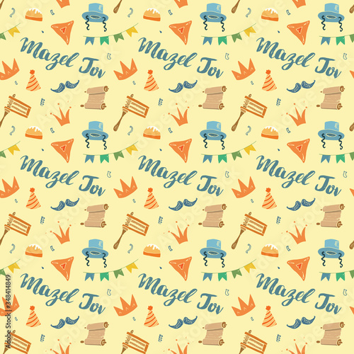 Mazel tov seamless pattern, Jewish holiday hand drawn items, vector illustration
